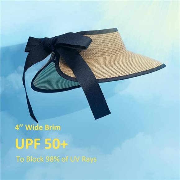 New Sun Visor Hats‎ for Wome  Summer Ponytail Foldable Straw Beach Hat UPF 50+ - Picture 1 of 2